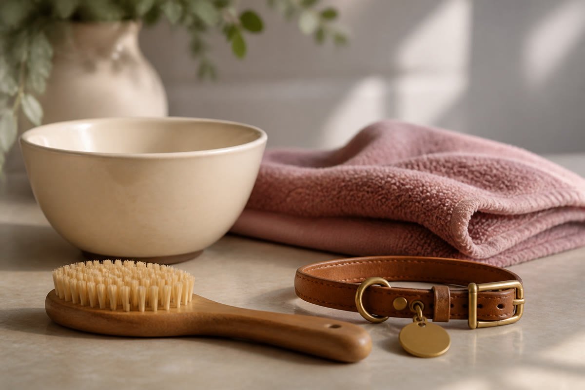 Grooming brush, cream bowl, and a leather collar.
