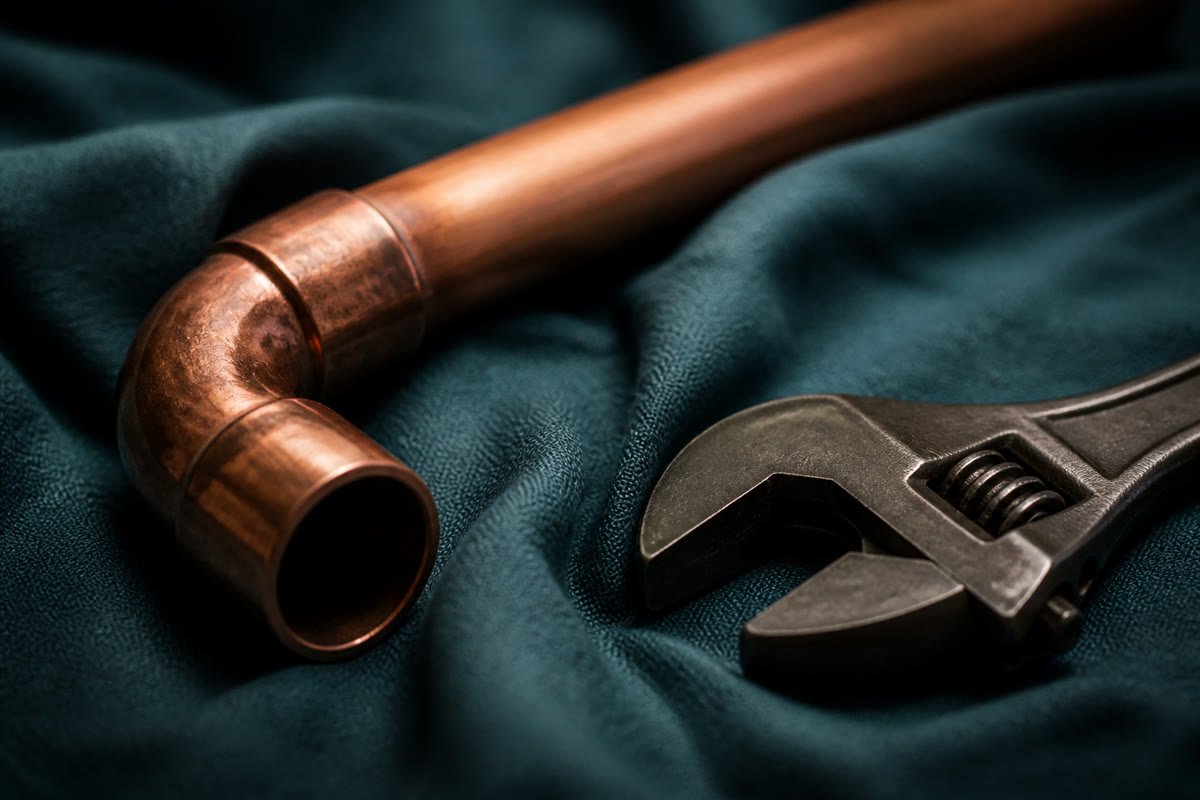 Copper pipe and a wrench on teal linen.